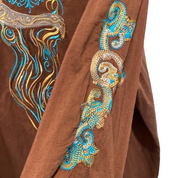 APRICOTTREE Men long sleeve shirt gorgeous blue and gold embroidery stretchy L - Picture 7 of 9